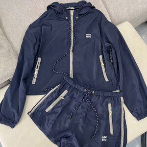 Miu Miu Navy Blue Hooded Sun Protection Jacket + Shorts Color-Blocked Casual Set